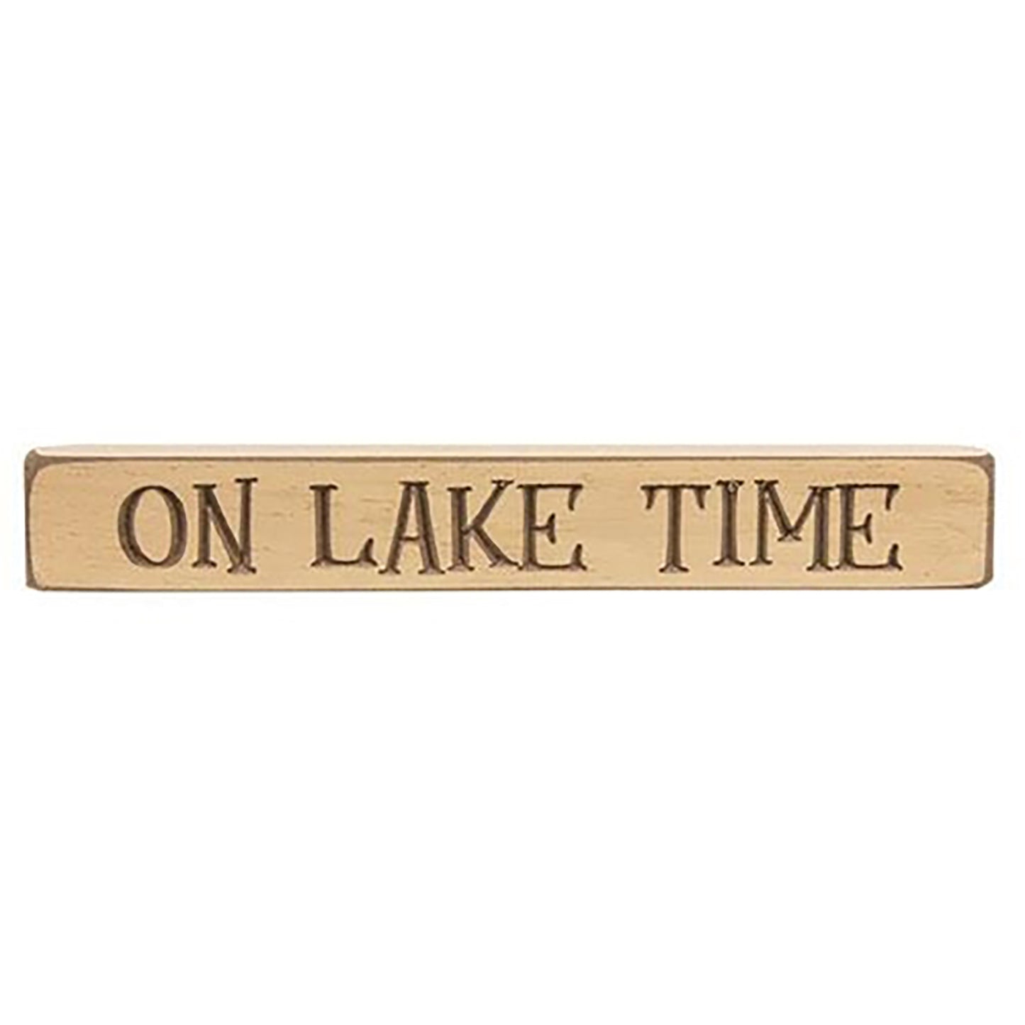 Rustic On Lake Time wood sign with distressed tan finish and engraved lettering