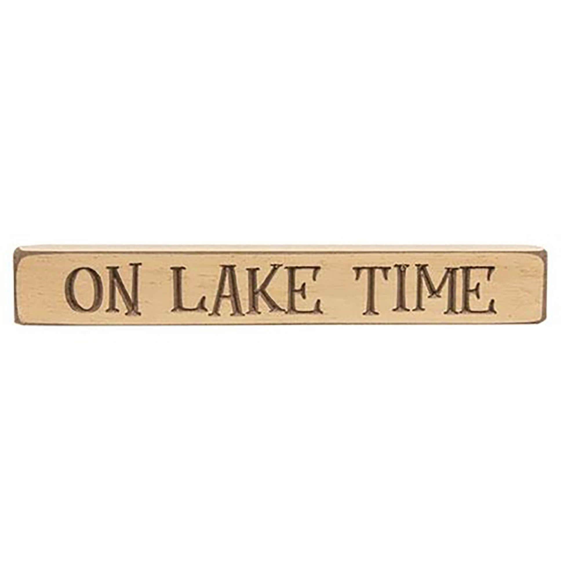Rustic On Lake Time wood sign with distressed tan finish and engraved lettering