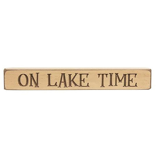 Rustic On Lake Time wood sign with distressed tan finish and engraved lettering