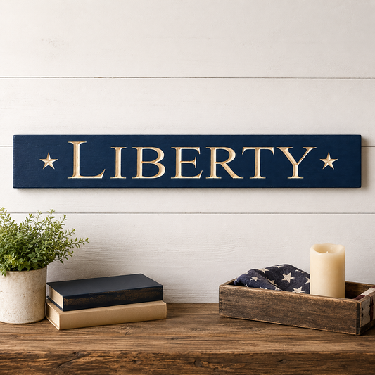 Liberty engraved wooden sign for patriotic wall decor, Americana home accents, farmhouse decorating, rustic patriotic displays, and traditional American home styling
