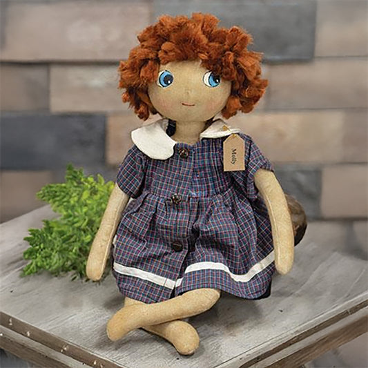 Primitive fabric doll with red yarn hair, vintage-style blue dress, and tea-stained finish, 16-inch display figure with painted face and flexible arms