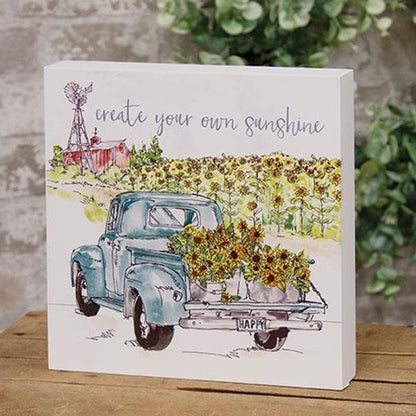 Wooden box sign with blue truck and sunflower field watercolor design
