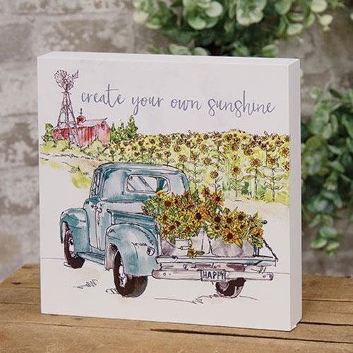Wooden box sign with blue truck and sunflower field watercolor design
