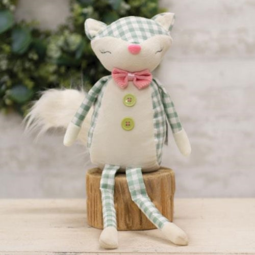 Stuffed spring fox doll with buffalo check pattern and pink bow