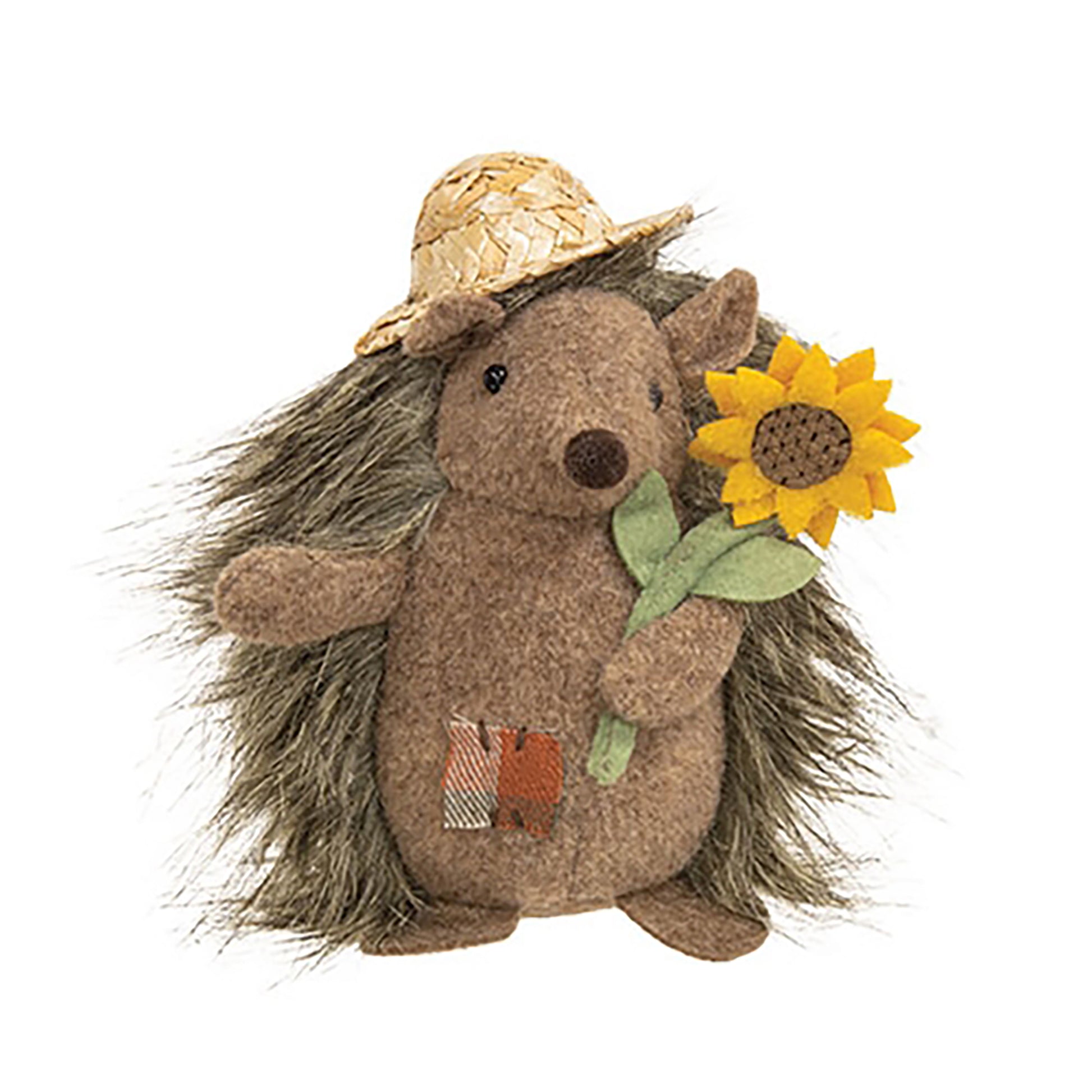 Rustic fall hedgehog decoration holding sunflower, soft plush harvest figurine with straw hat and flannel patch