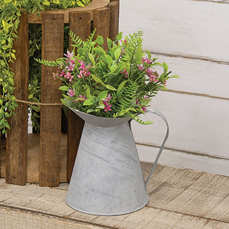 Natural zinc metal pitcher with wide-mouth opening and rustic handle