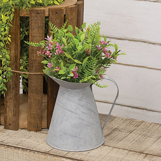 Natural zinc metal pitcher with wide-mouth opening and rustic handle