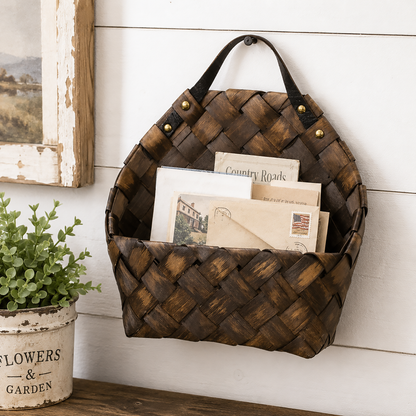 Oval wall mail basket for farmhouse entryway decor, rustic wall storage, hanging basket displays, primitive home organization, and country home accents
