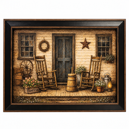 Homespun primitive framed wall art by Keith Bowman featuring country porch artwork, Americana accents, rustic decor, and vintage farmhouse style