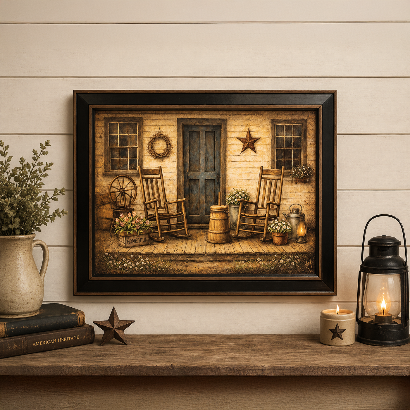 Primitive country porch framed print with rocking chairs, lantern, butter churn, weathered blue door, and rustic farmhouse wall decor styling