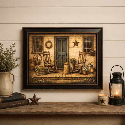 Primitive country porch framed print with rocking chairs, lantern, butter churn, weathered blue door, and rustic farmhouse wall decor styling