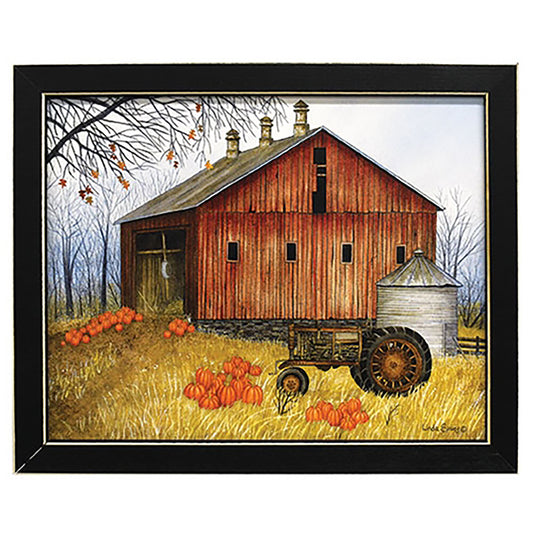 Painting of a red barn with pumpkins and a tractor in a field, framed in black.