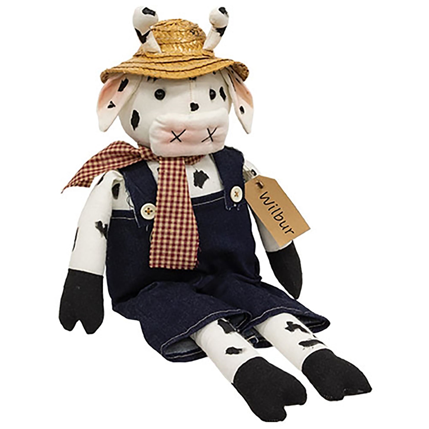 Weighted fabric cow doll with straw hat and “Wilbur” name tag, country decor accent for shelf or tabletop