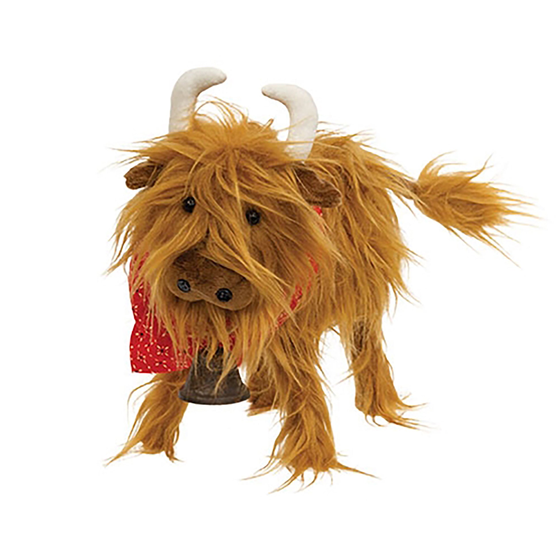 Standing plush Highland cow figure with wooden legs, soft texture, and charming country details.