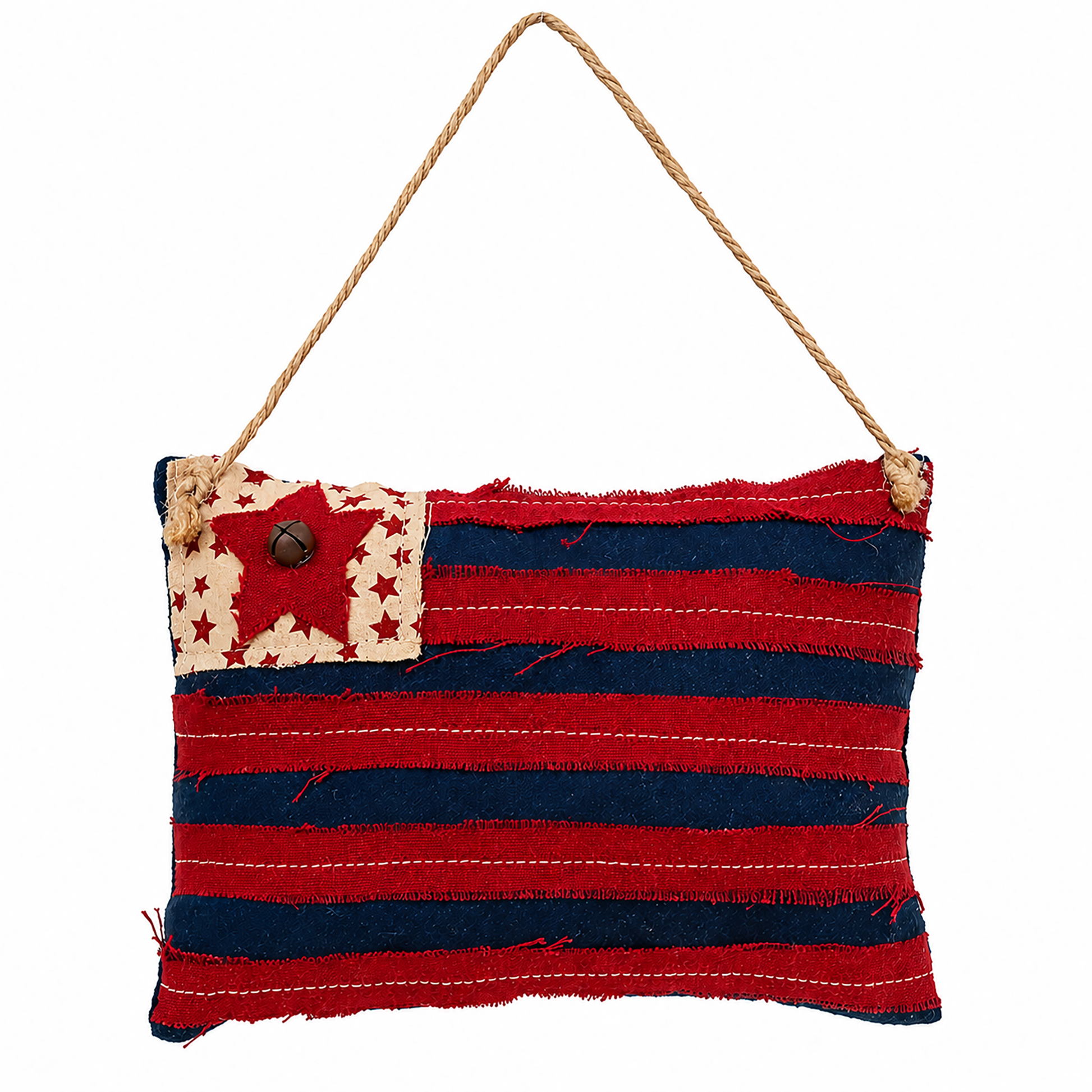Stuffed patriotic pillow wall hanger with navy fabric red stripes frayed edges and rusted jingle bell accent