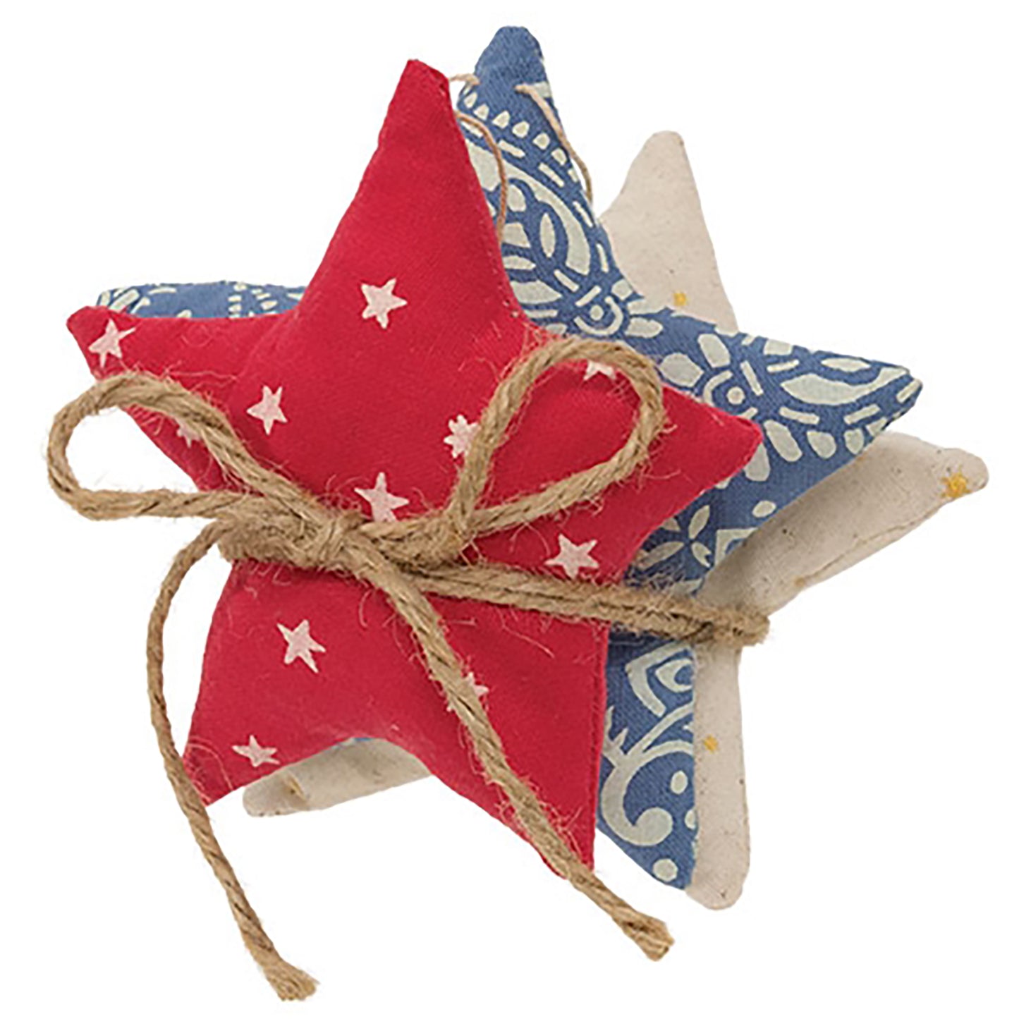 Primitive stuffed star ornaments with Americana fabrics and cream hanging strings for country farmhouse holiday decor