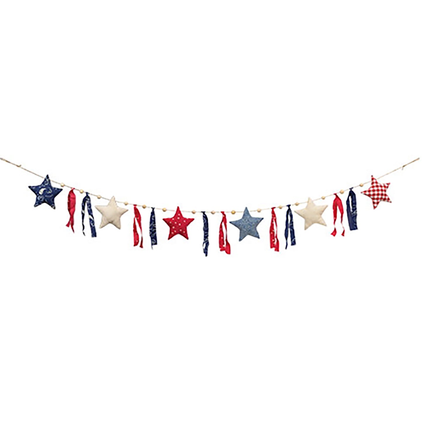 Primitive Americana stuffed star garland with rustic fabric strips and jute cord for country farmhouse decor
