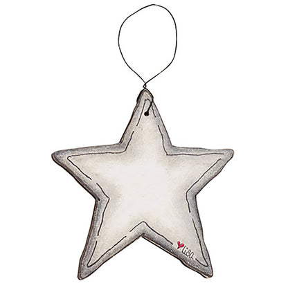 Rustic Americana wooden star doodle ornaments with black wire hangers and distressed country decor