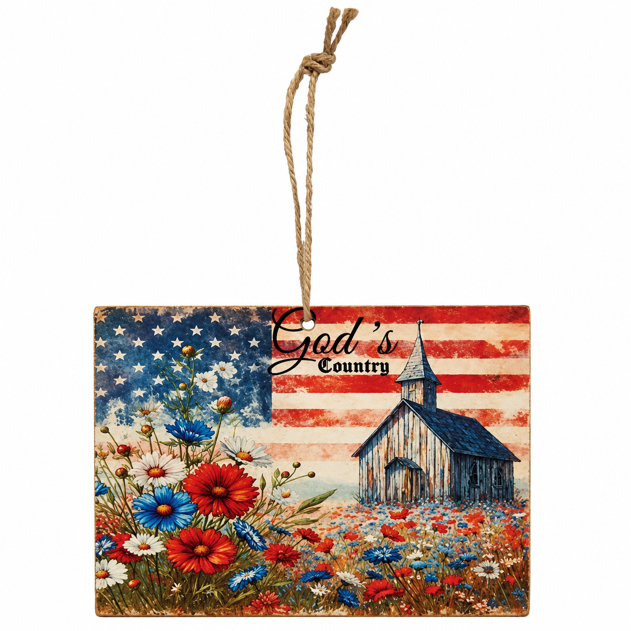Wooden God's Country ornament featuring patriotic barn scene with American flag background and red white blue flowers