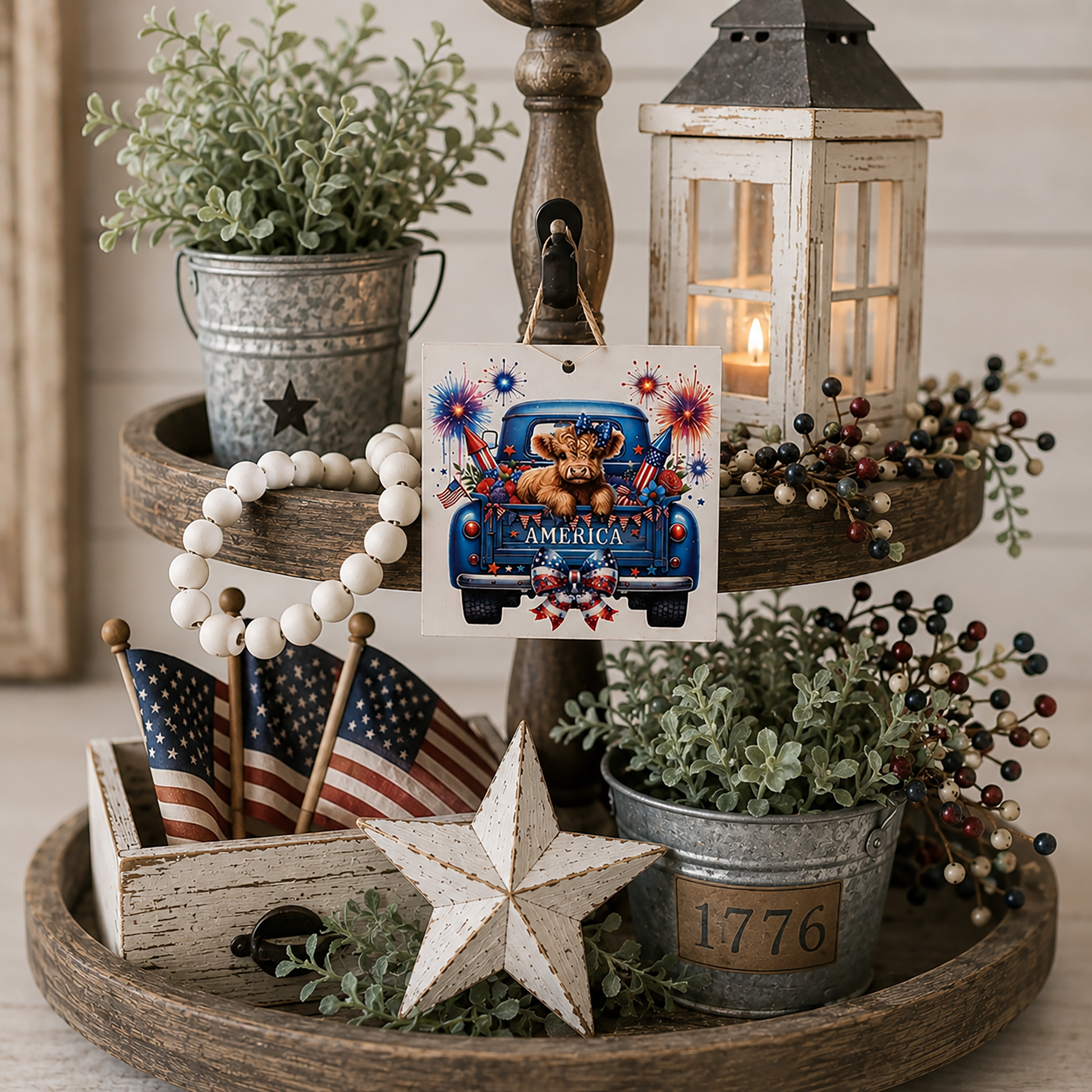 Americana Highland cow ornament with vintage blue truck and fireworks for country summer decor