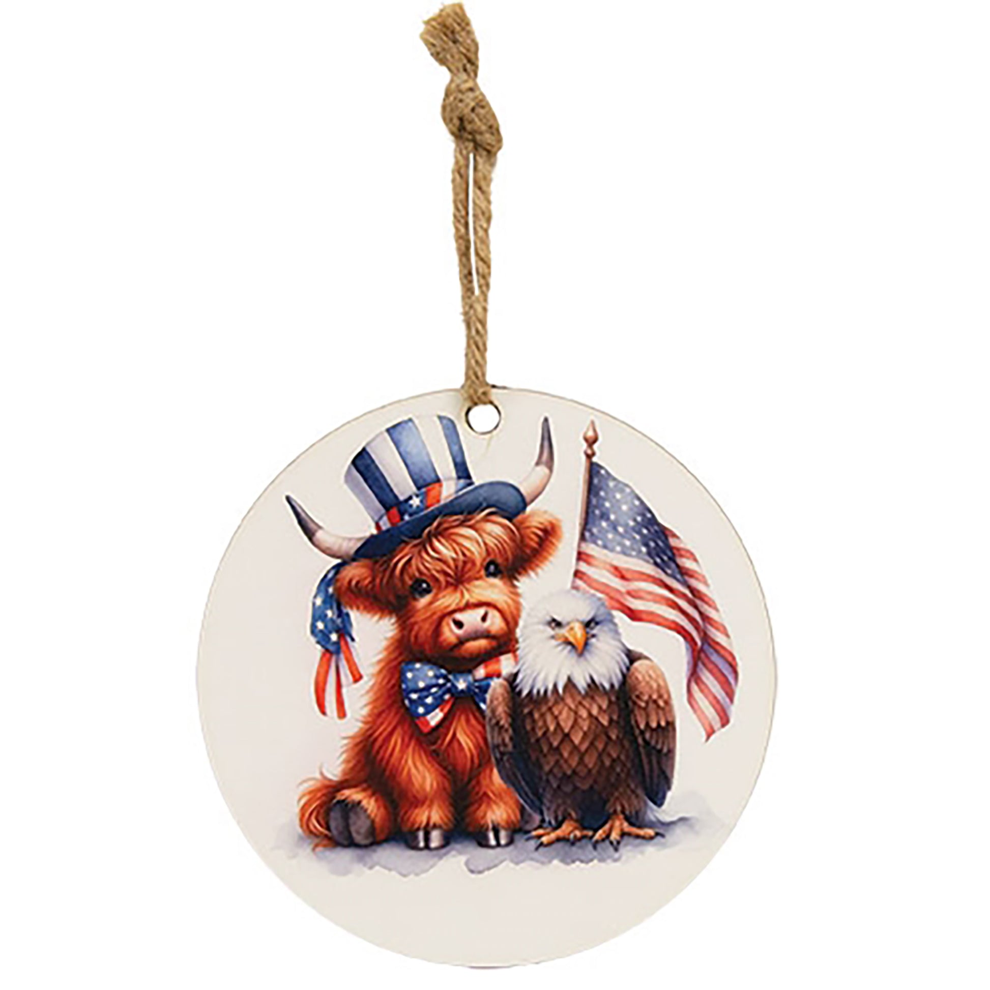 Rustic Americana Highland cow ornament with patriotic red white and blue artwork on round wooden hanging décor