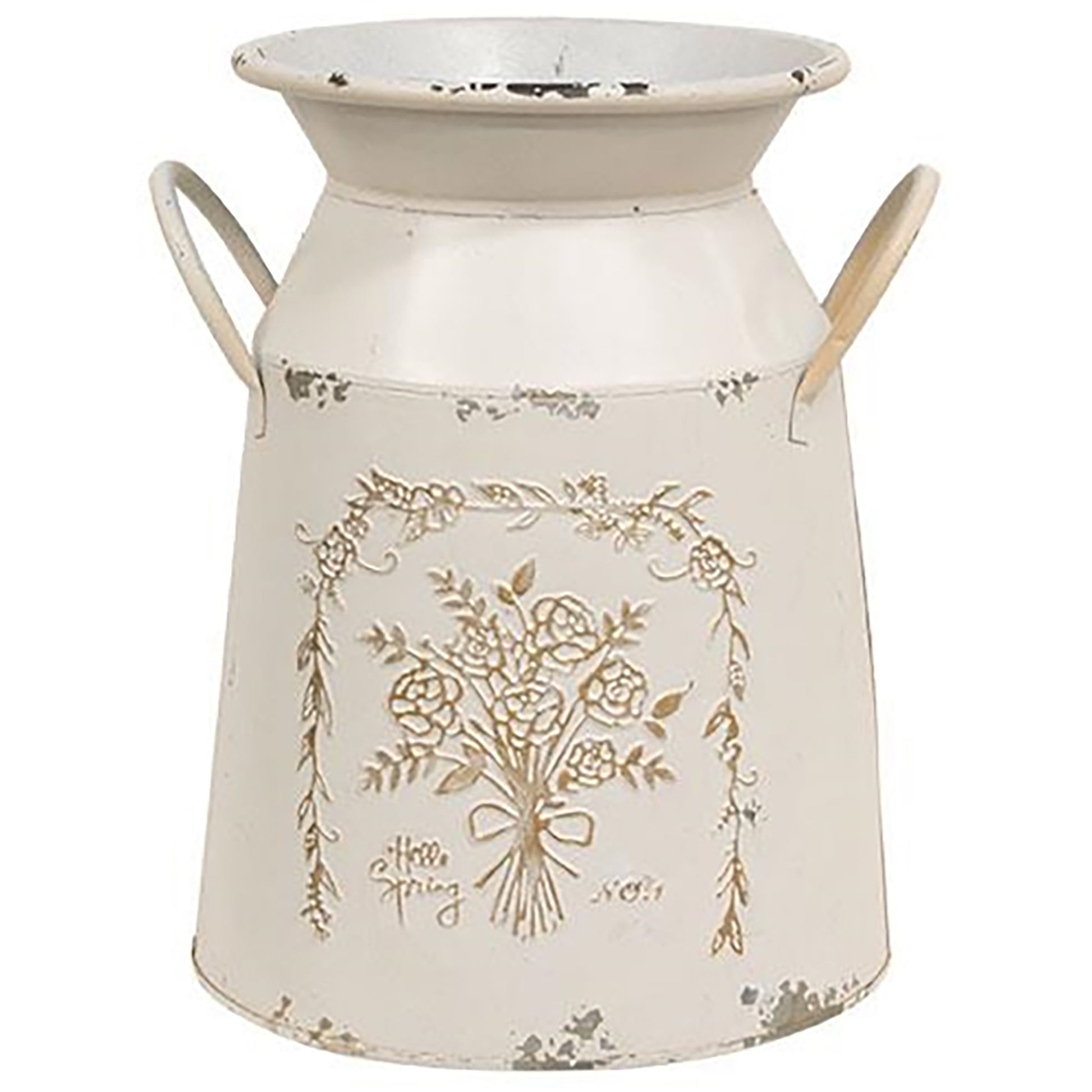 Cream-colored metal milk can with distressed finish and “hello spring” embossed on the front