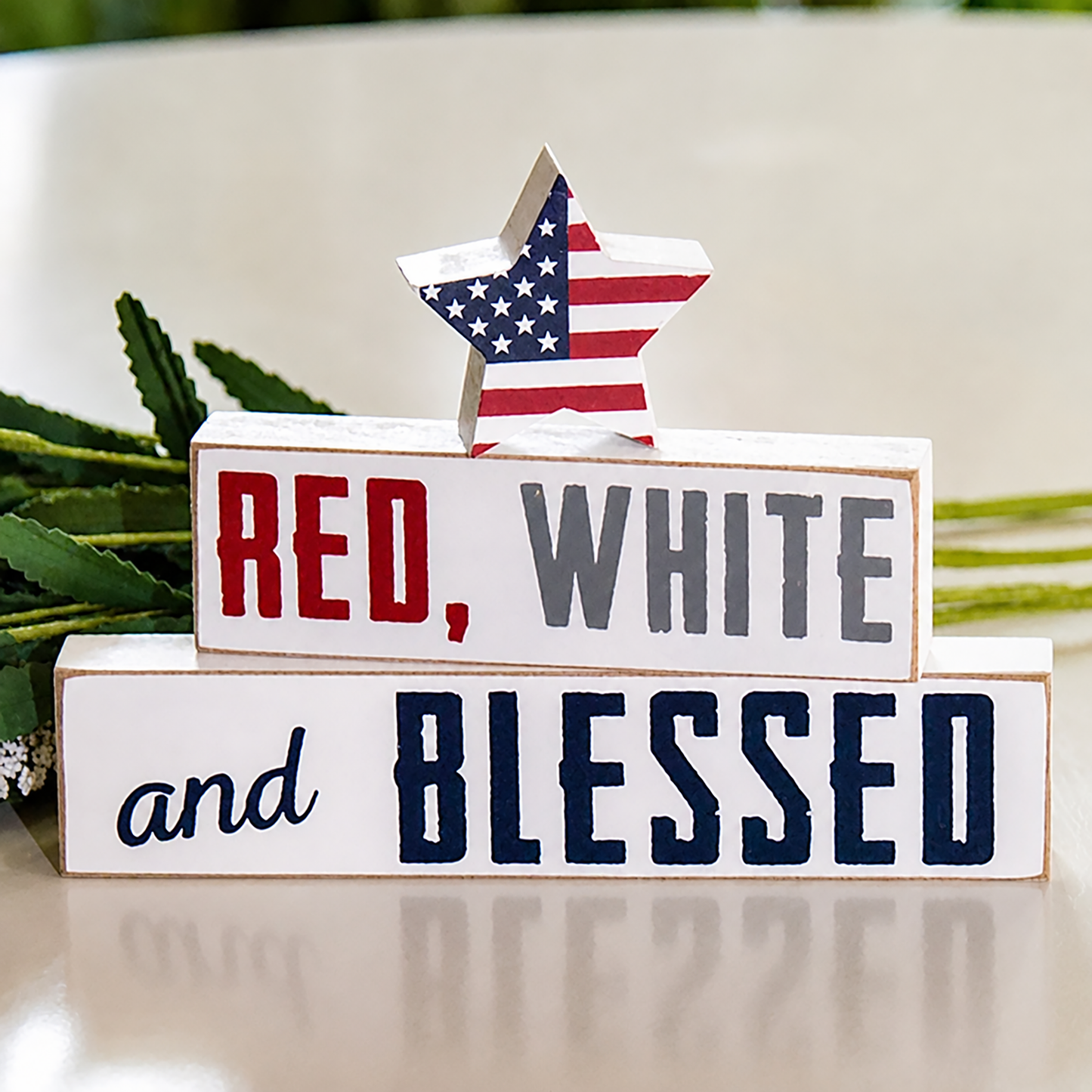 Red white and blessed wooden patriotic block set with Americana farmhouse tabletop decor styling
