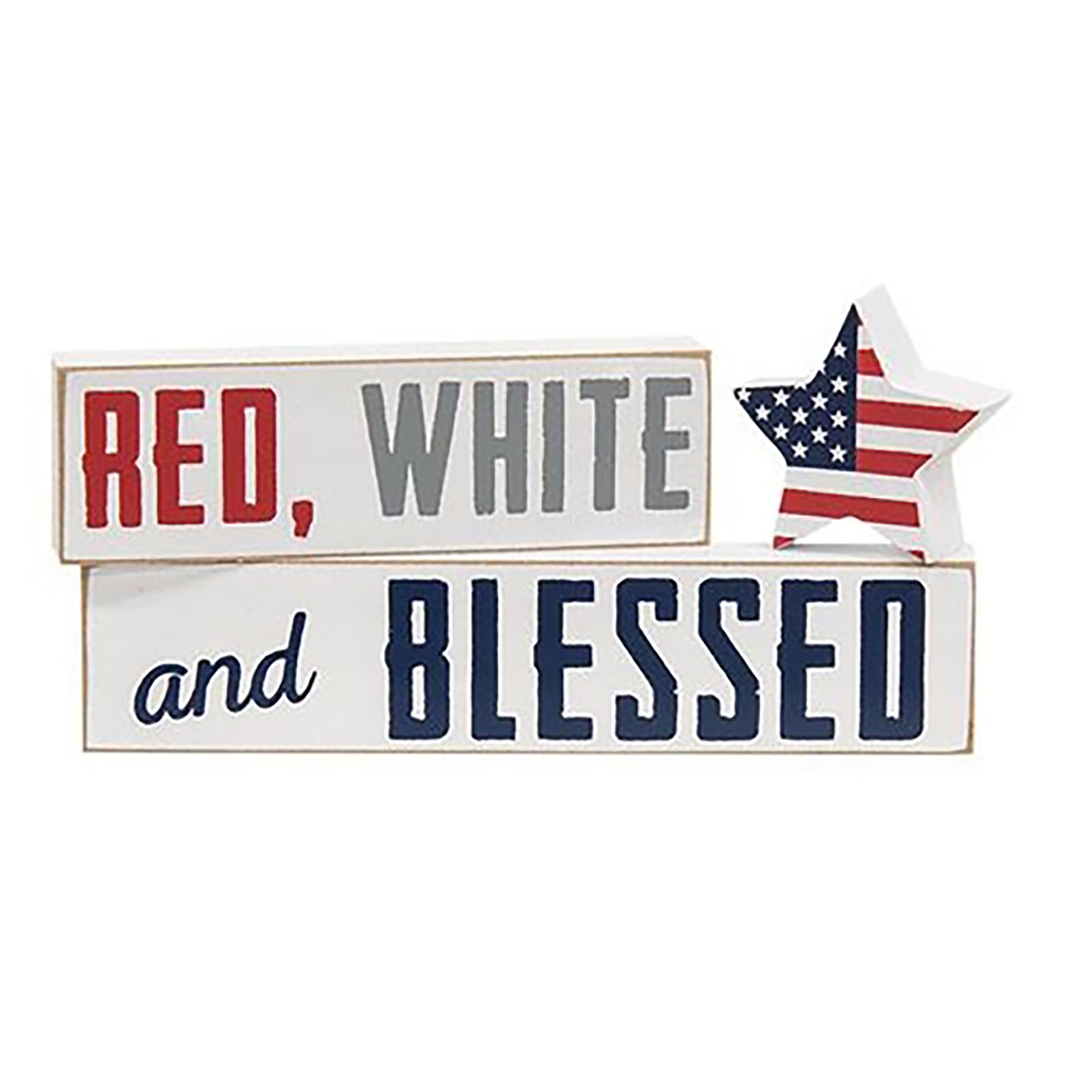 Rustic patriotic shelf sitter blocks with American flag star accent and farmhouse summer decor display