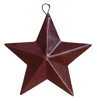 Mini burgundy metal barn star ornament with rustic finish and wire loop for hanging