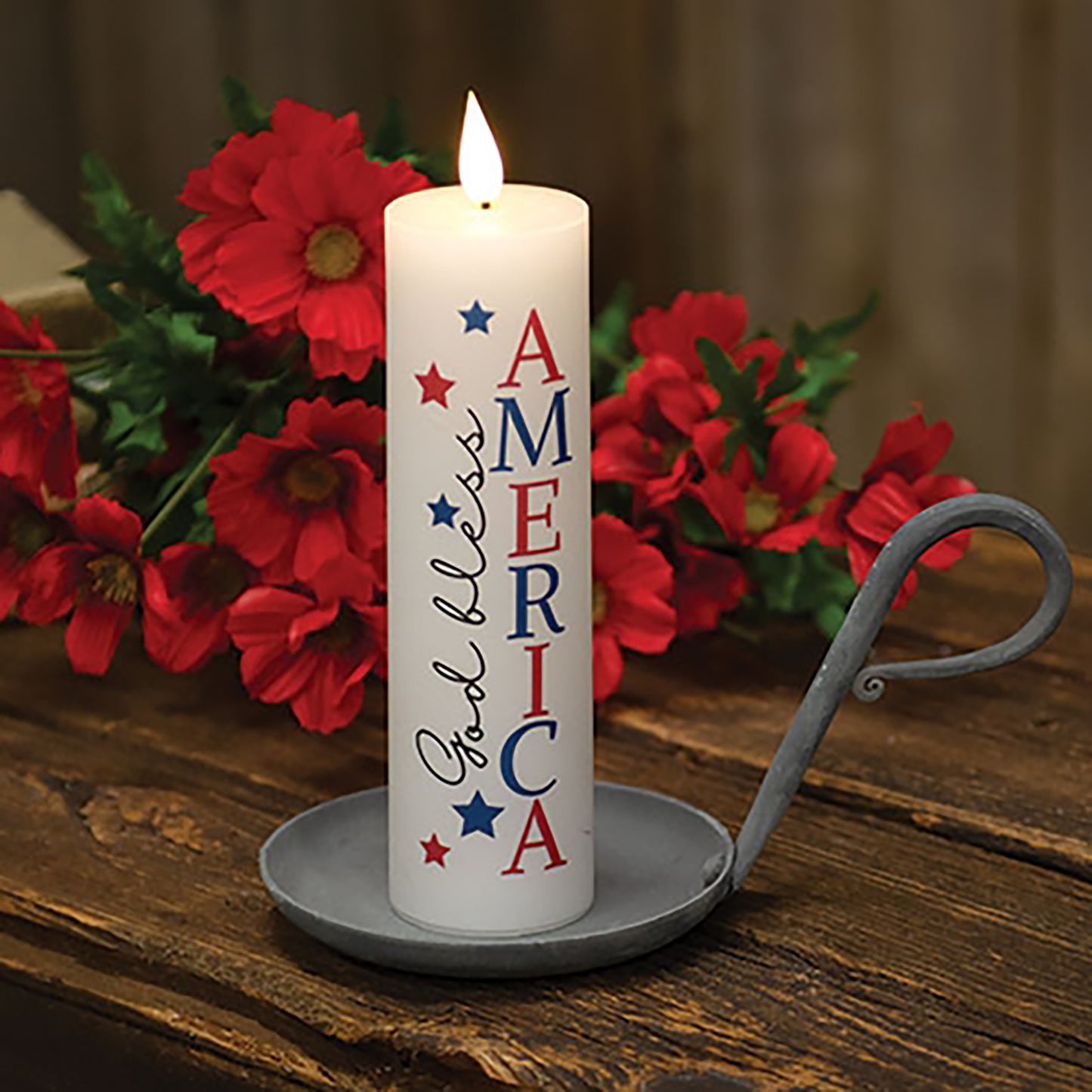 Americana LED candle with God Bless America wording and rustic patriotic farmhouse styling