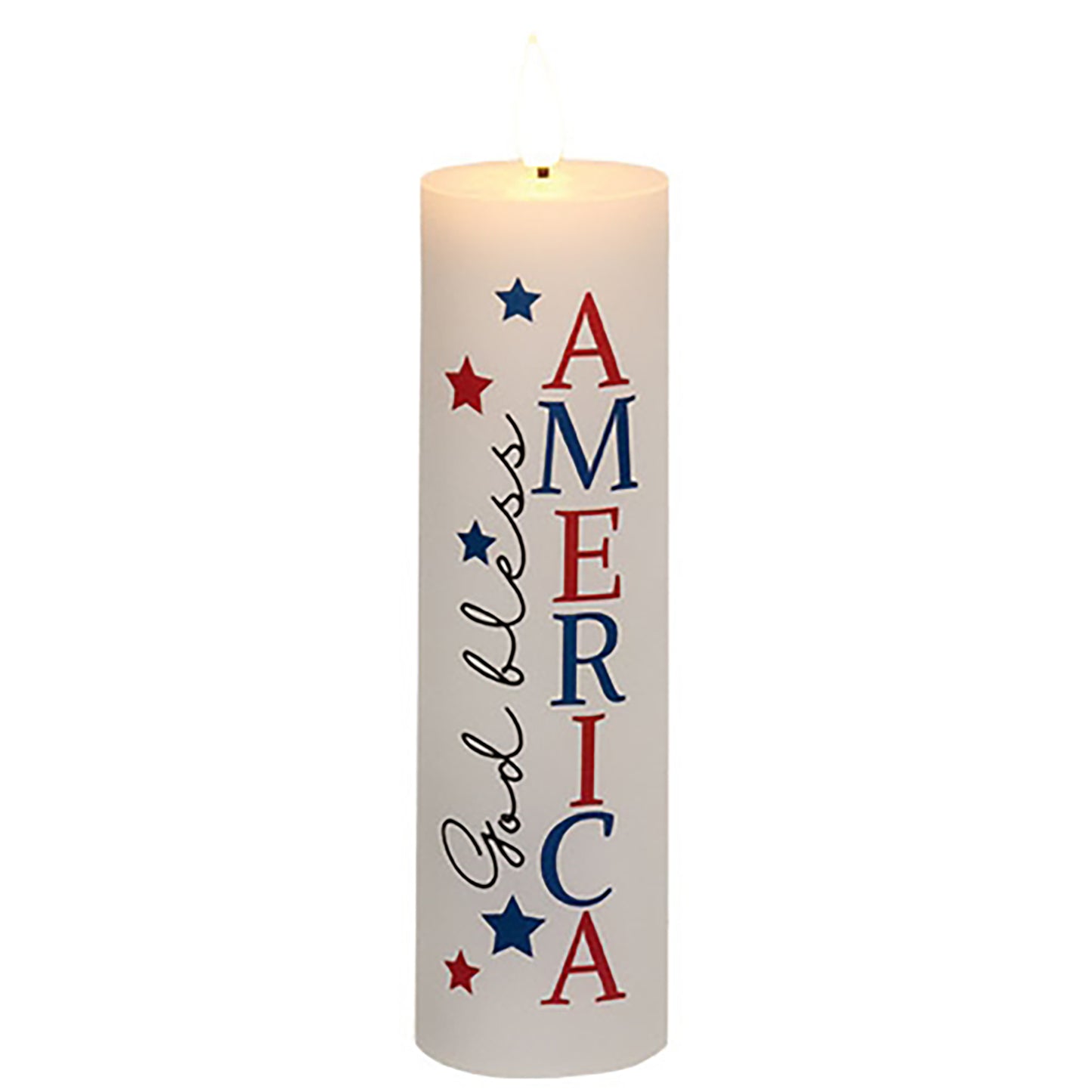 Patriotic flameless candle with red white and blue Americana design and warm glowing faux flame