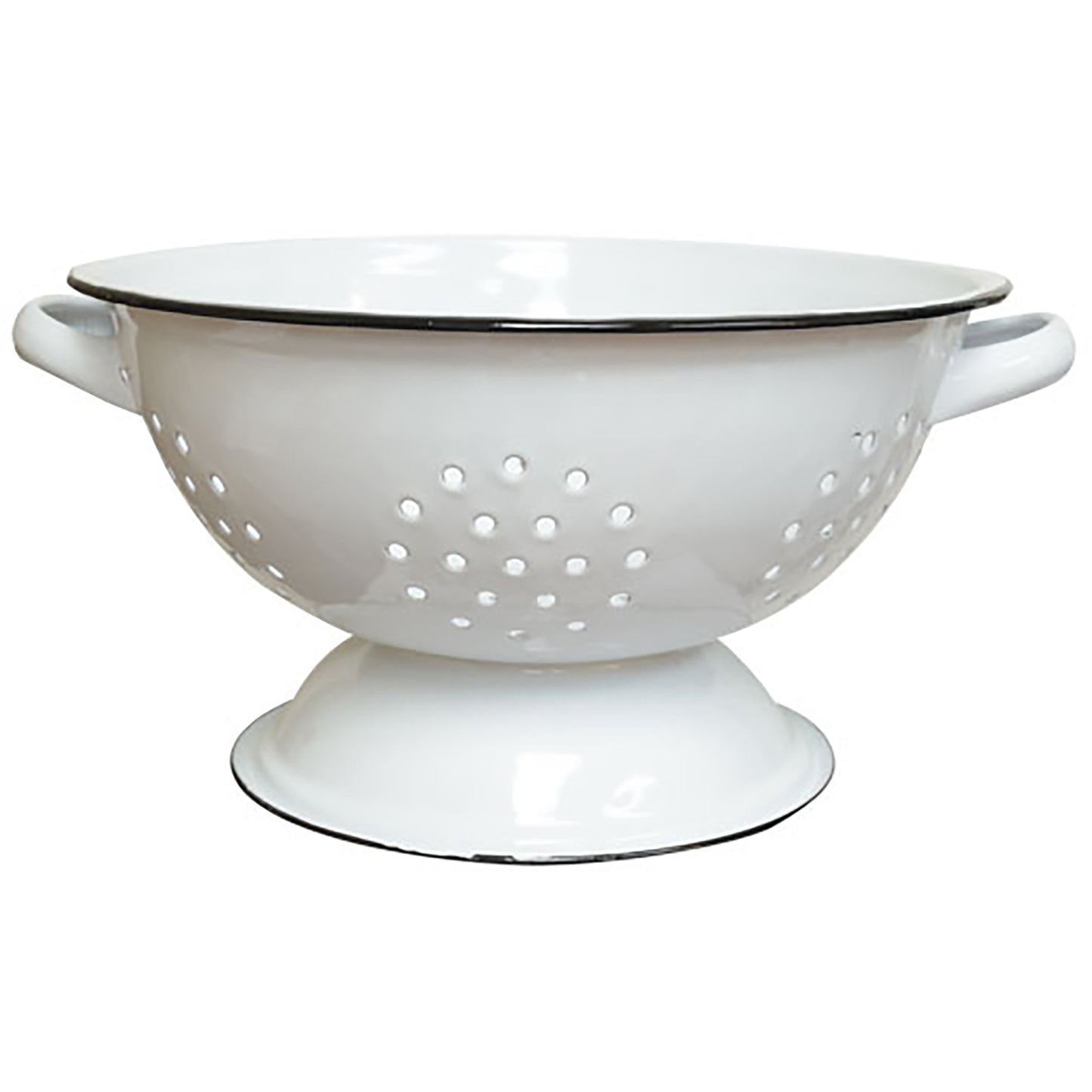 White decorative colander with black rim on a white background