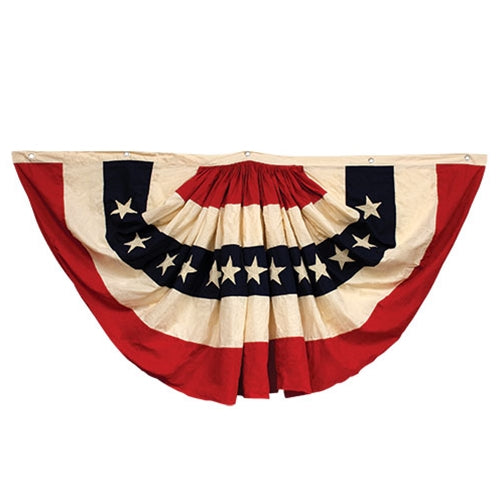 Vintage-style patriotic bunting with star accents in red, cream, and navy cotton, 36 by 70 inches, hanging from porch railing.