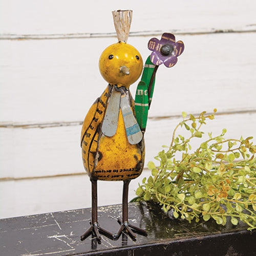 Recycled metal baby chick figurine with gray scarf and purple flower
