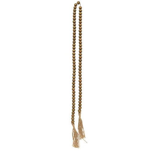 Natural wood bead garland with jute tassels for farmhouse, rustic, or country home décor
Unpainted round bead garland with aged finish and twine tassels for trays and mantels