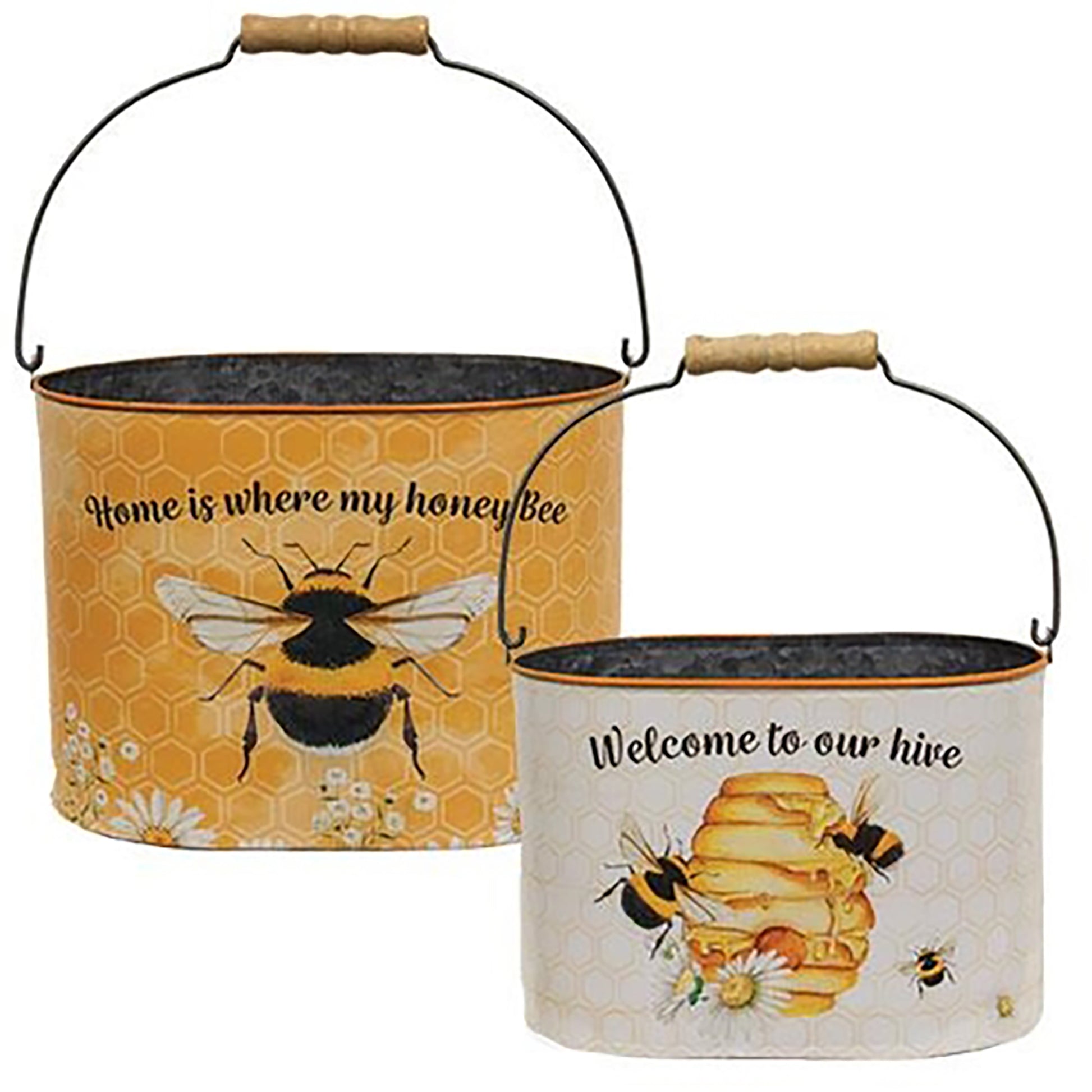 Decorative farmhouse-style bee buckets with “Home is where my honey Bee” and “Welcome to our hive” sayings