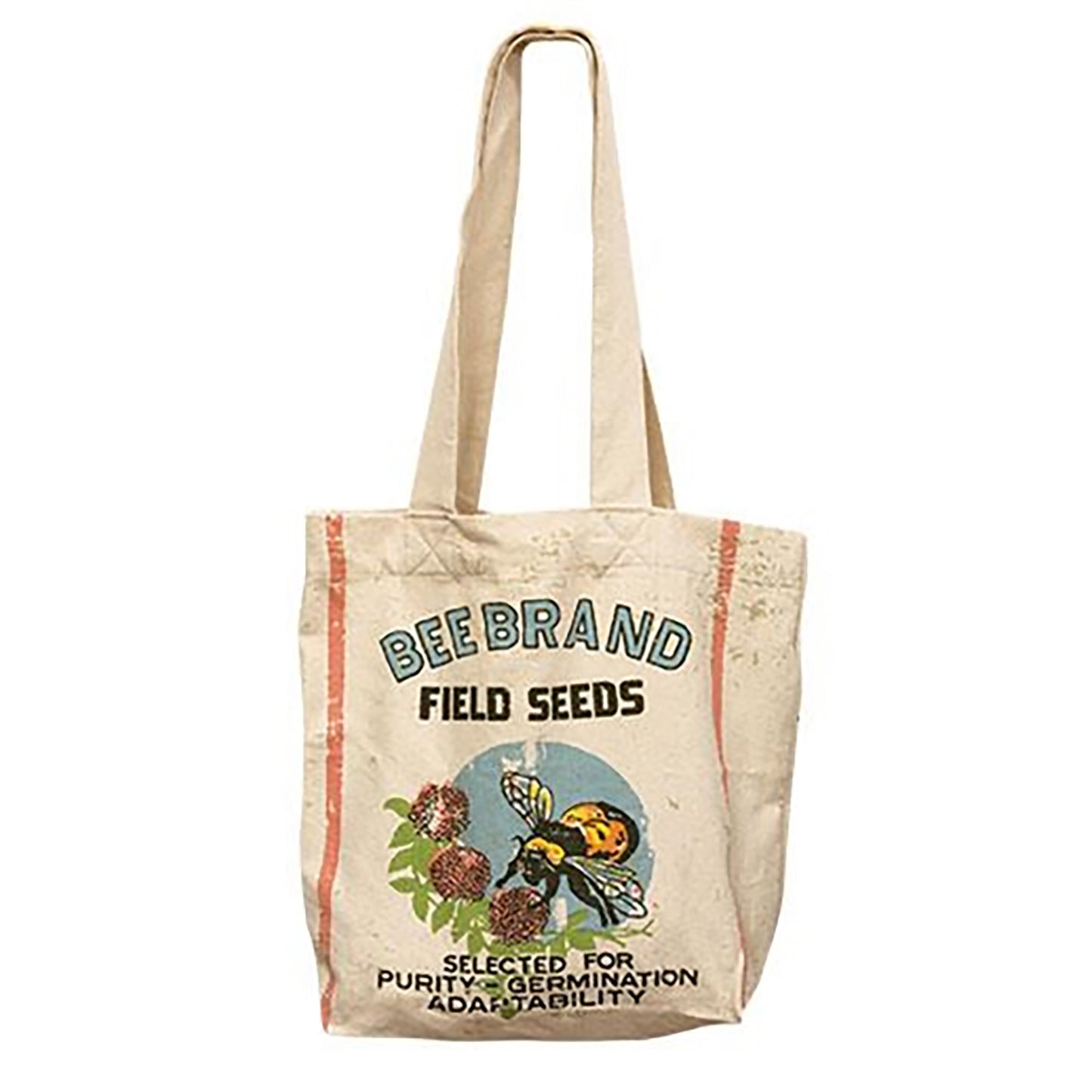 Rustic cotton tote bag with bee-themed vintage-style graphic, pink stripes, and floral details, perfect for farmhouse decor or everyday use