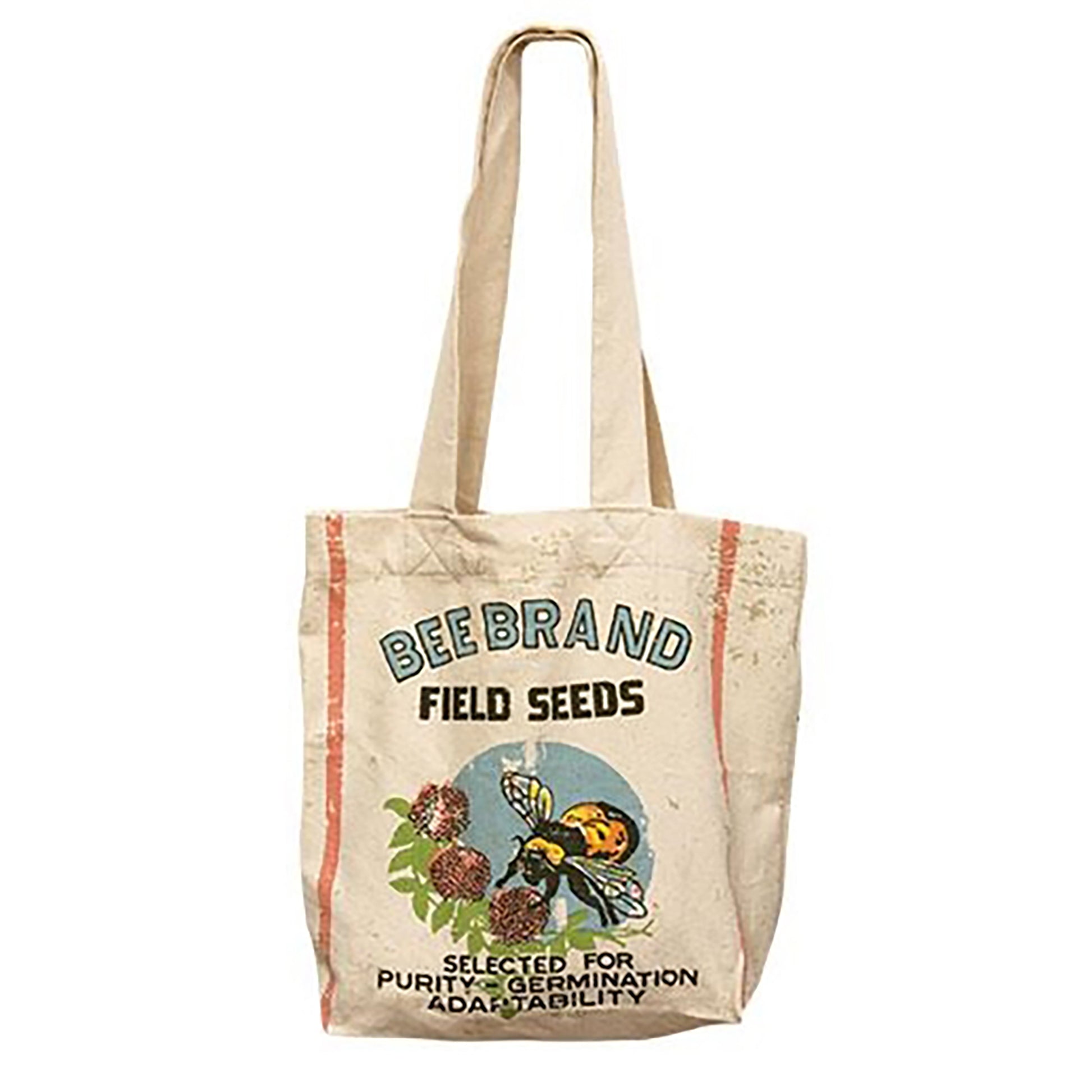 Rustic cotton tote bag with bee-themed vintage-style graphic, pink stripes, and floral details, perfect for farmhouse decor or everyday use