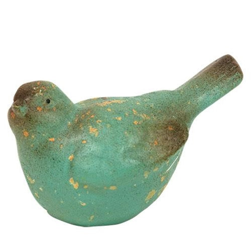 Freestanding weathered blue resin bird with vintage details