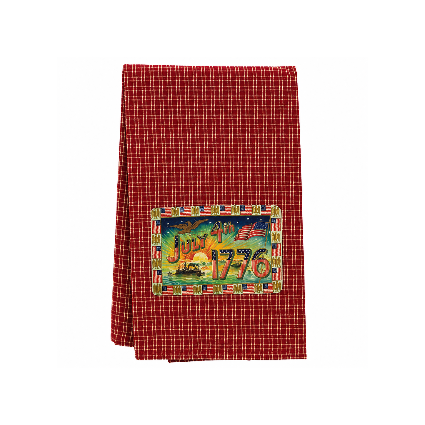 Vintage Americana kitchen towel with July 4th 1776 patriotic design on red and cream plaid cotton fabric
