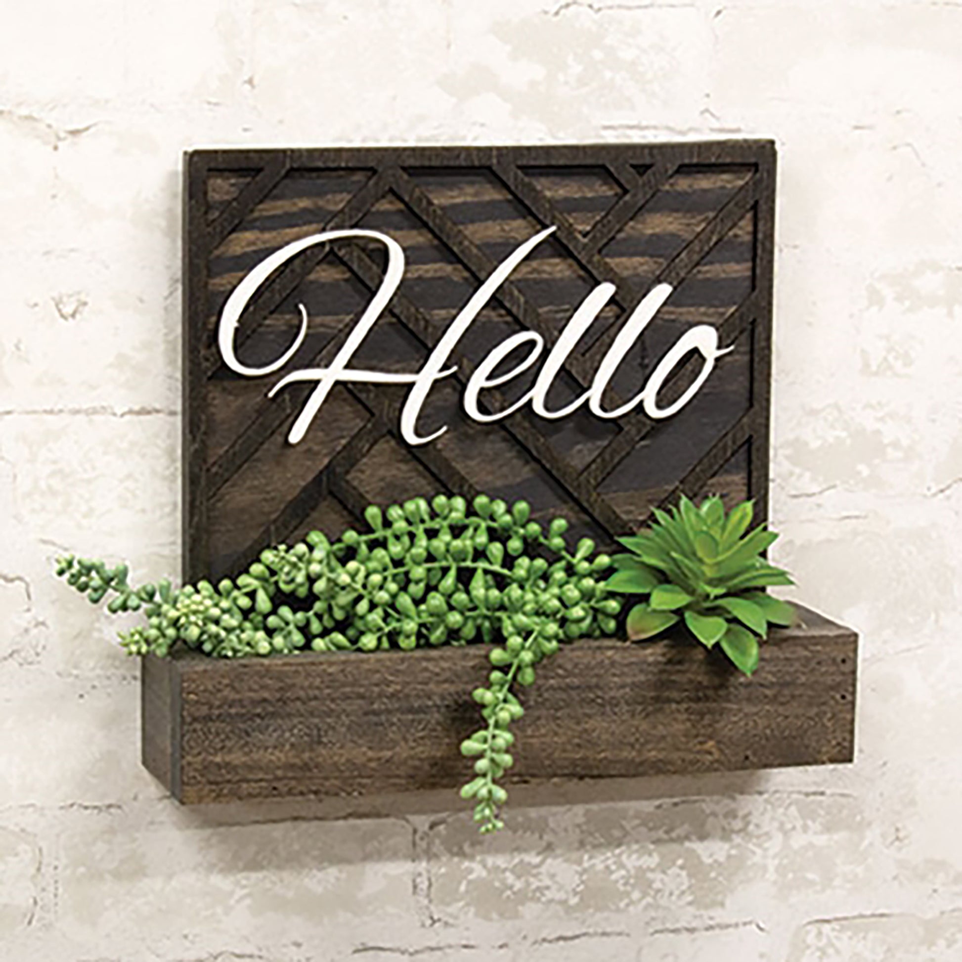 Decorative lattice wall planter with farmhouse-style “hello” sign and sawtooth hangers
