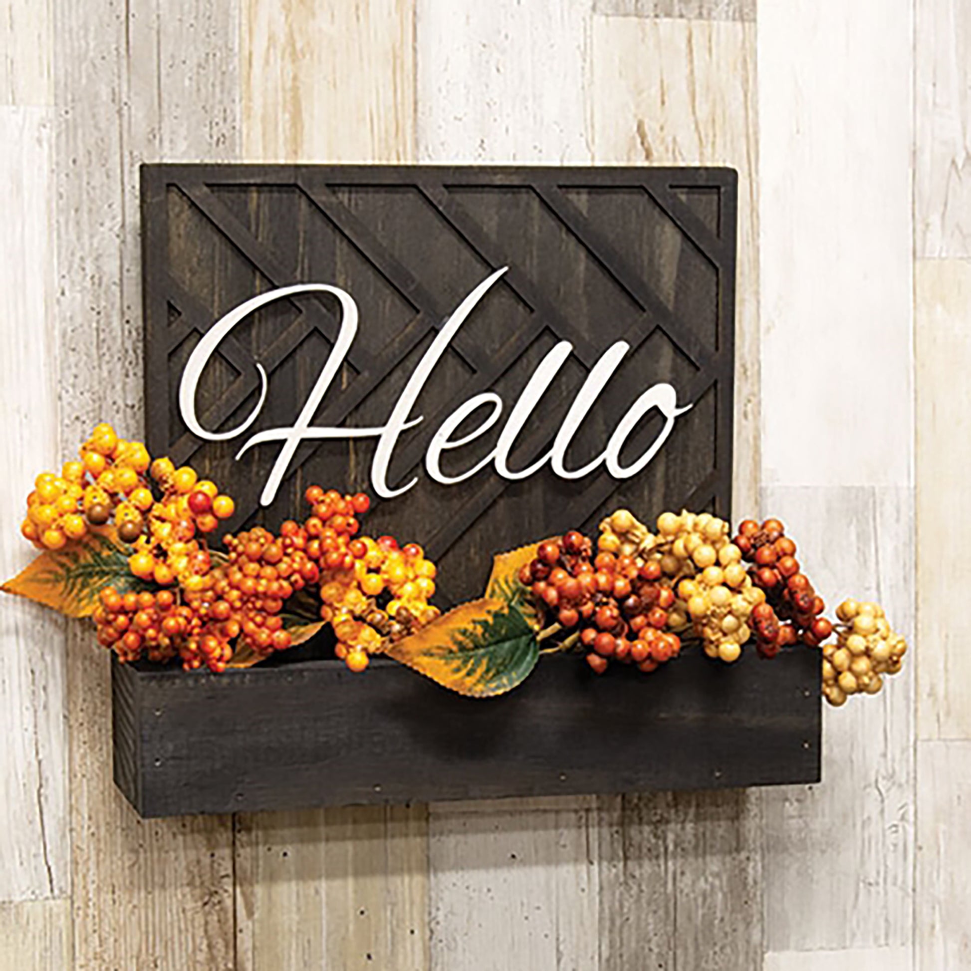 Wood wall décor with slim planter box for dried florals and rustic seasonal accents