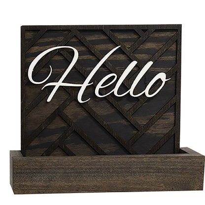 Rustic wooden wall planter with lattice backing and white “hello” cutout for entryway décor