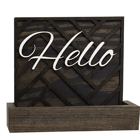 Rustic wooden wall planter with lattice backing and white “hello” cutout for entryway décor