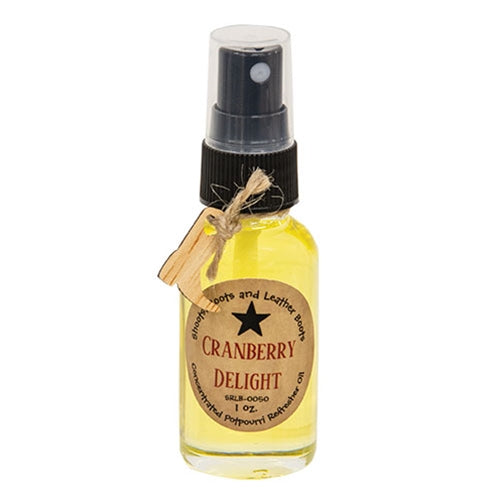 Cranberry Delight refresher oil bottle with rustic wooden boot tied in twine