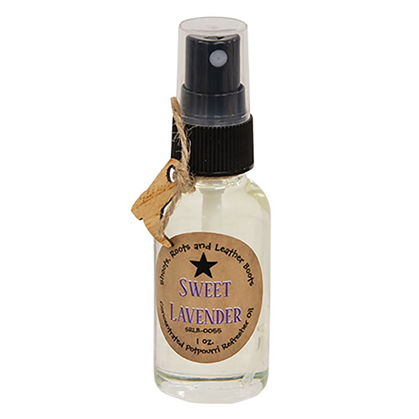 Sweet lavender refresher oil bottle with wooden boot charm, jute twine accent, and rustic farmhouse styling.