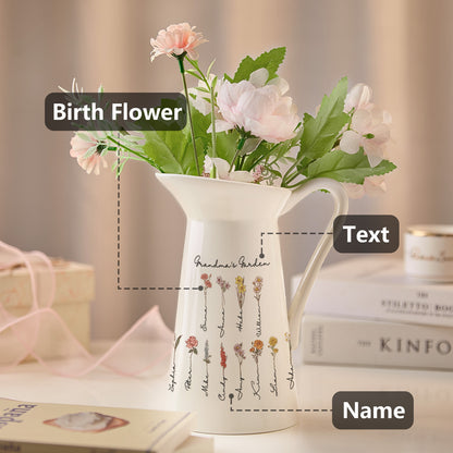 A view of the pitcher-shaped vase with an overlay indicating that the text and birth flowers are customizable, allowing for personalized names and messages.