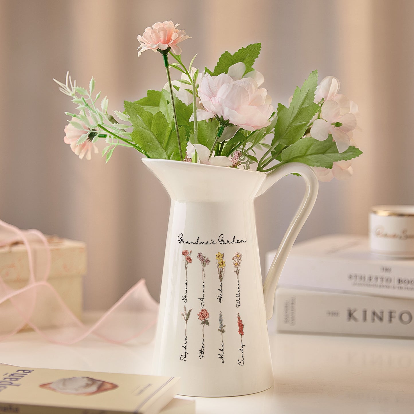 A view of the pitcher-shaped vase with eight names and birth flowers, creating a customized and meaningful gift.