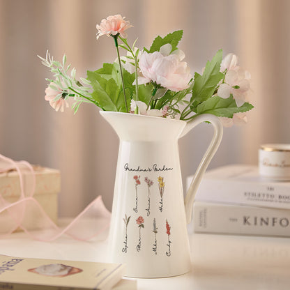 A view of the pitcher-shaped vase with seven names and birth flowers, showcasing a personalized and elegant design.