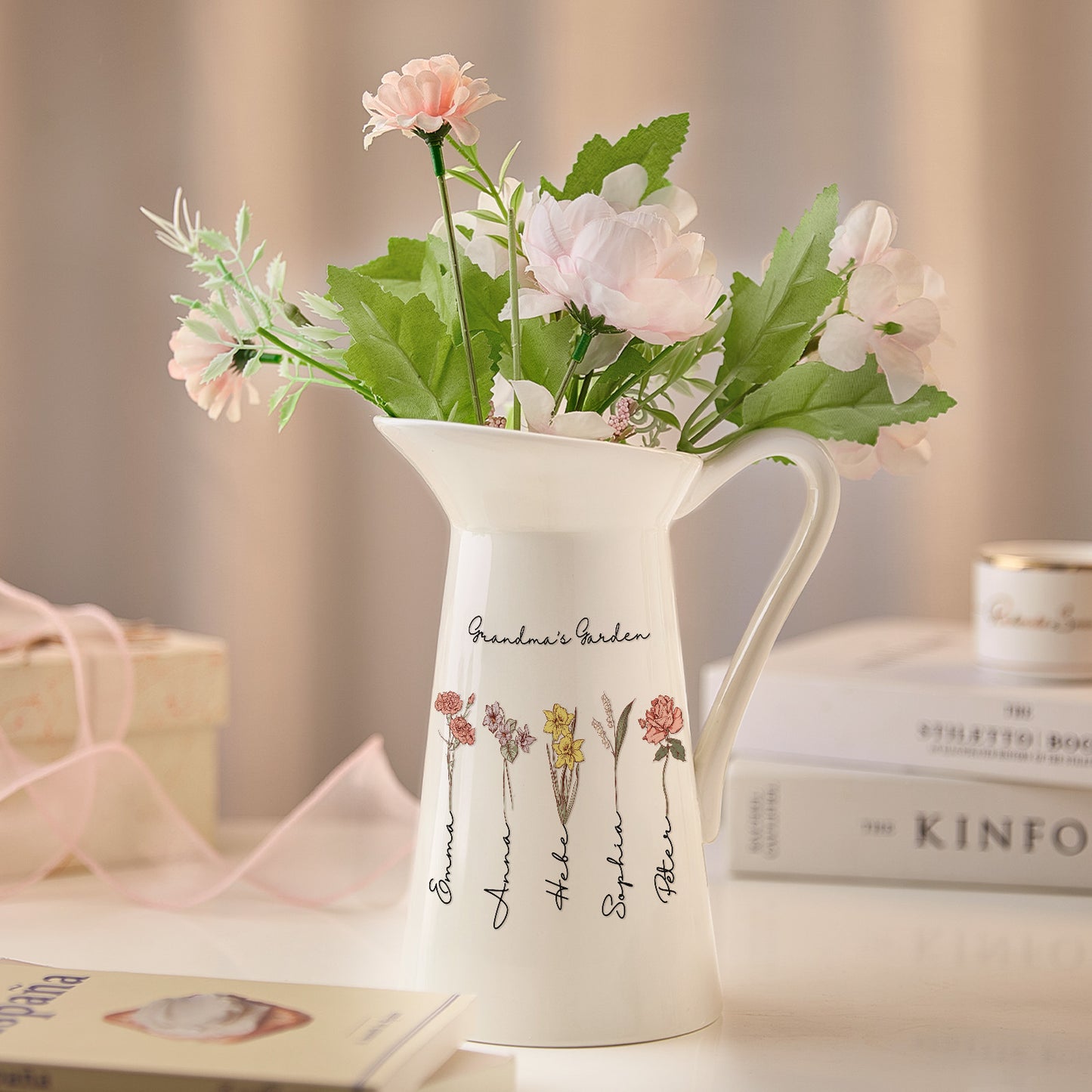 A view of the pitcher-shaped vase with five names and birth flowers, offering a thoughtful and personalized touch.